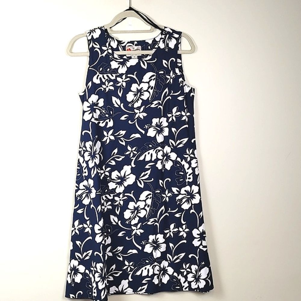 Hilo Hattie The Hawaiian Original Blue & White Floral Cotton Shift Dress Size M